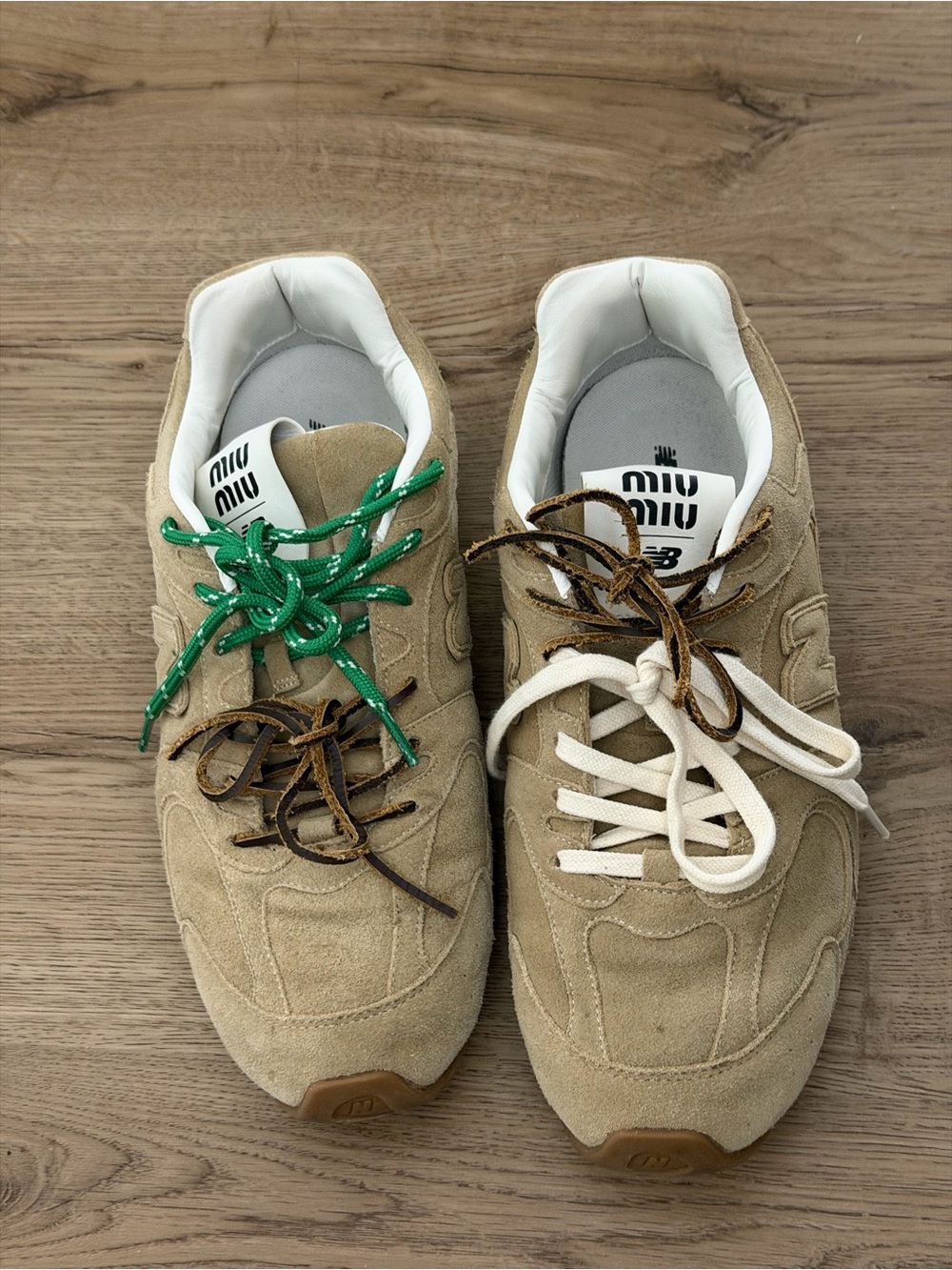 New Balance Beige Suede Sneakers with Mixed Laces